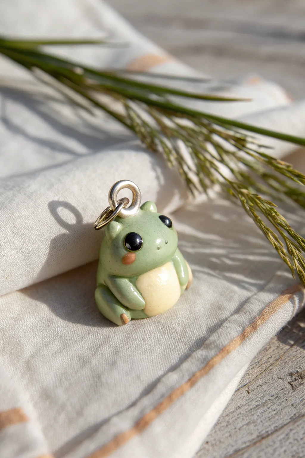Minimalist polymer clay frog charm with glossy eyes and a sweet two-tone finish