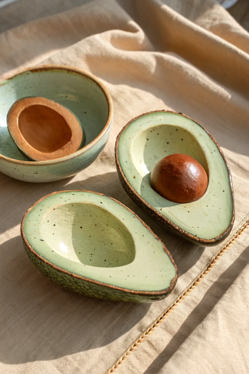 Minimalist clay avocado halves with a cute pit detail, in soft greens and earthy tones.