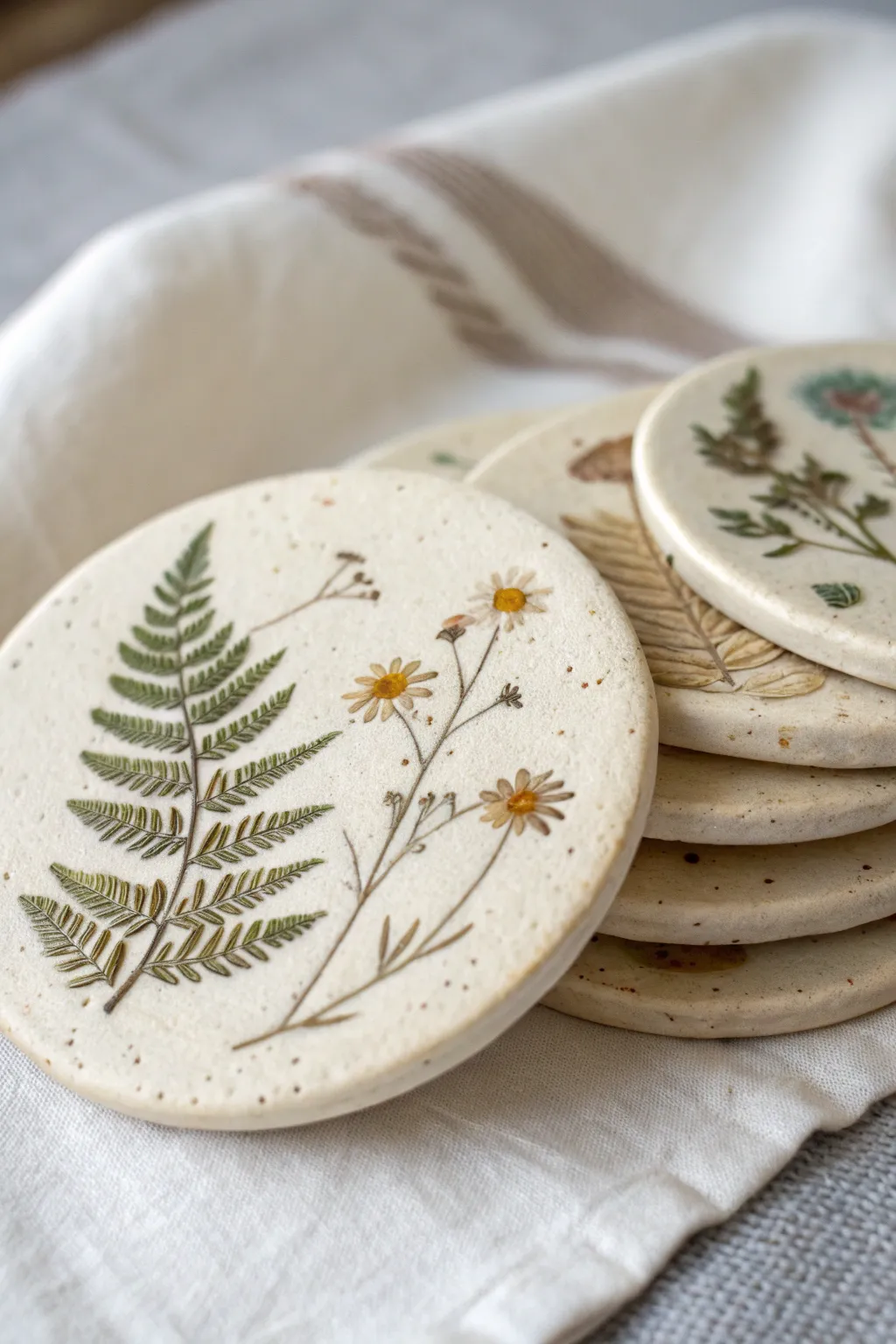 Pressed botanical clay coasters in soft neutrals for a simple, functional touch of handmade beauty