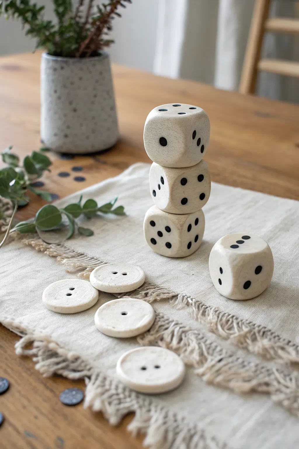 Chunky handmade clay dice with simple tally tokens for a minimalist, boho-inspired game night.