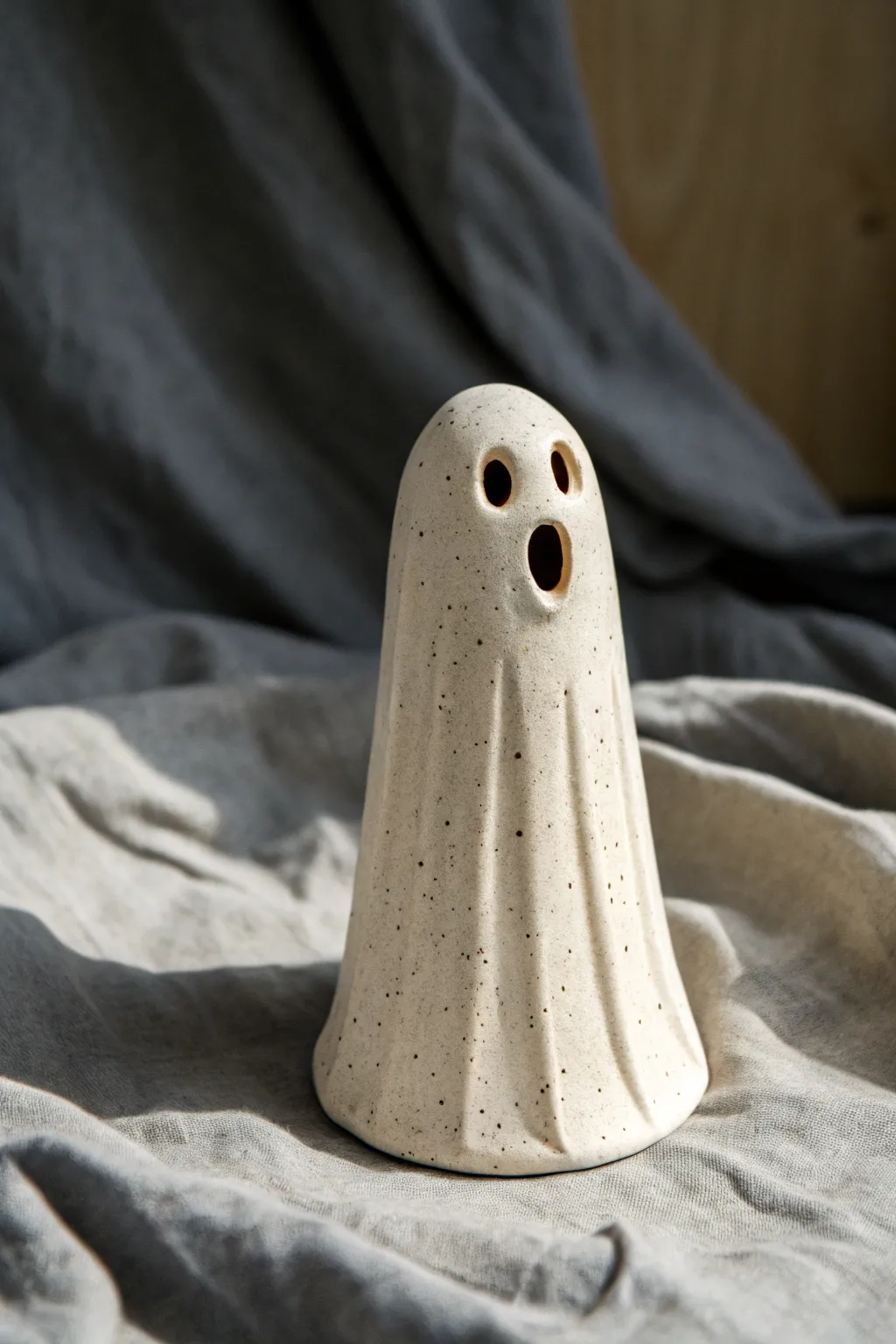 Tall minimalist clay ghost with dripping weepy eyes, high-contrast and softly eerie.