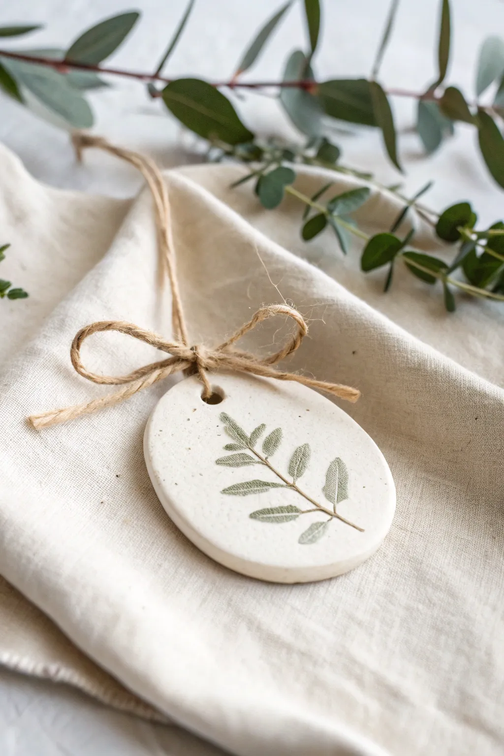 Pressed leaf clay ornament tied with twine, a simple handmade touch for gifts and holidays.