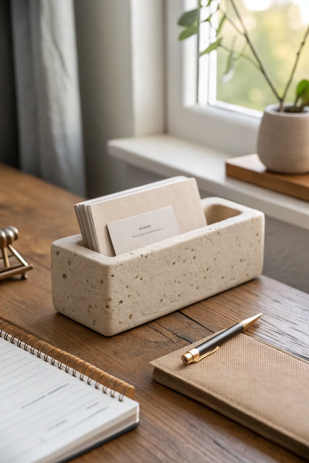 Minimal clay business card holder in stone matte finish, a refined handmade gift for him.