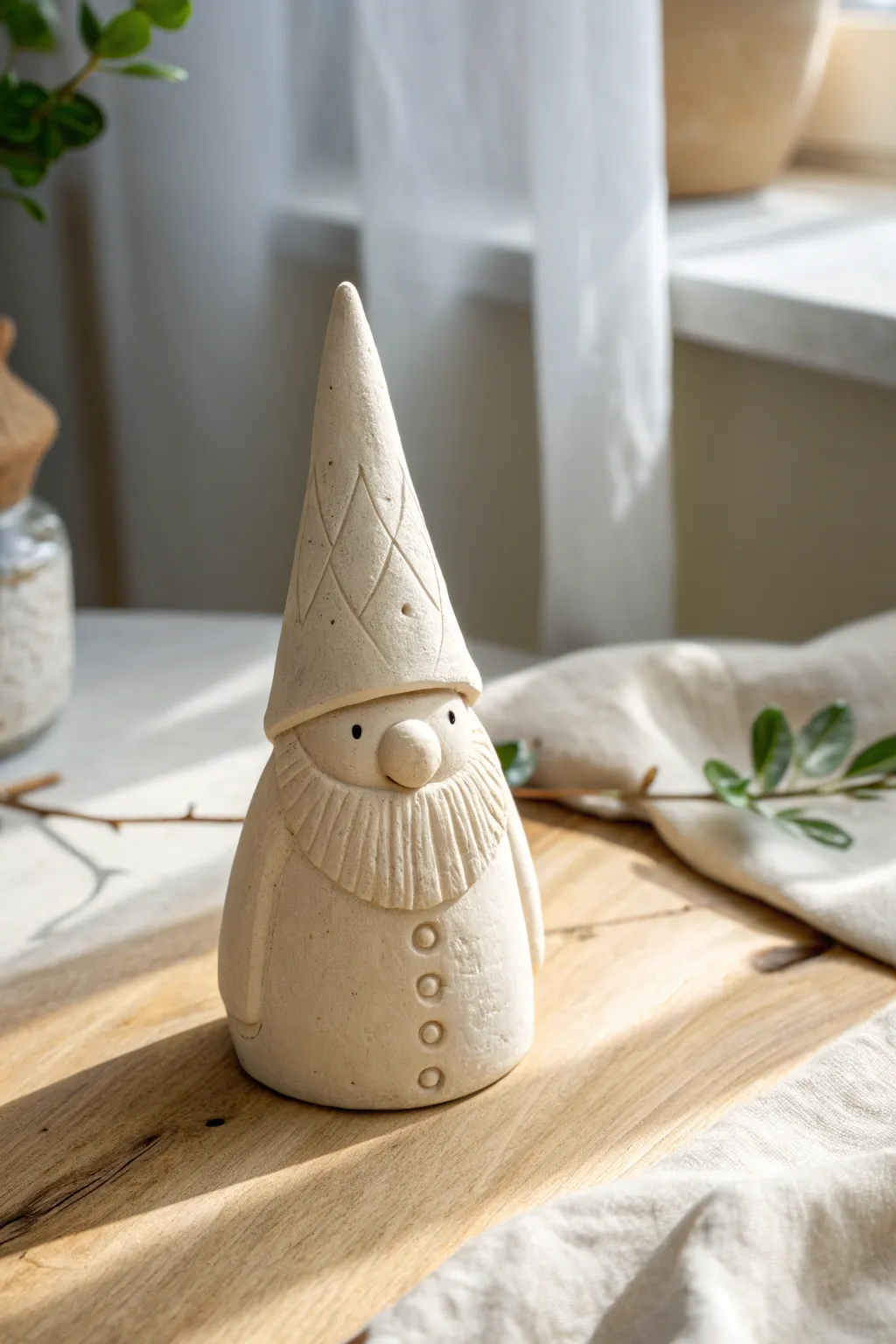 Clean-line clay gnome with carved beard texture and crisp cone hat, minimalist boho charm.