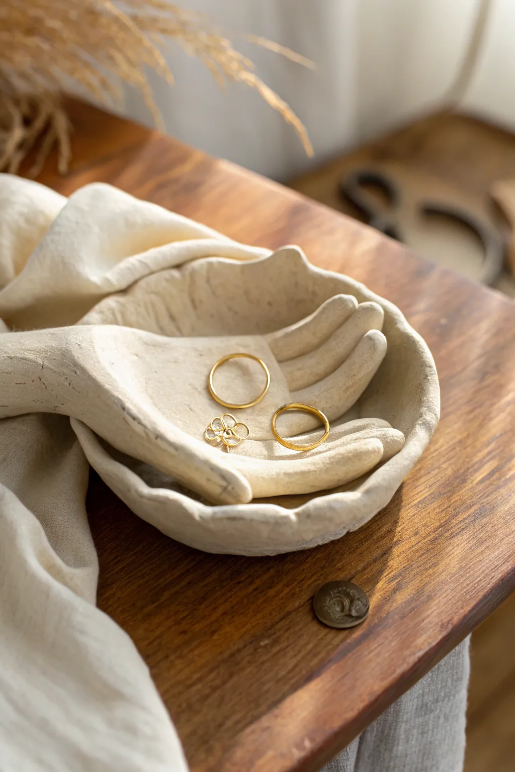 Soft cupped clay hands trinket bowl, perfect for rings and tiny treasures on your bedside.