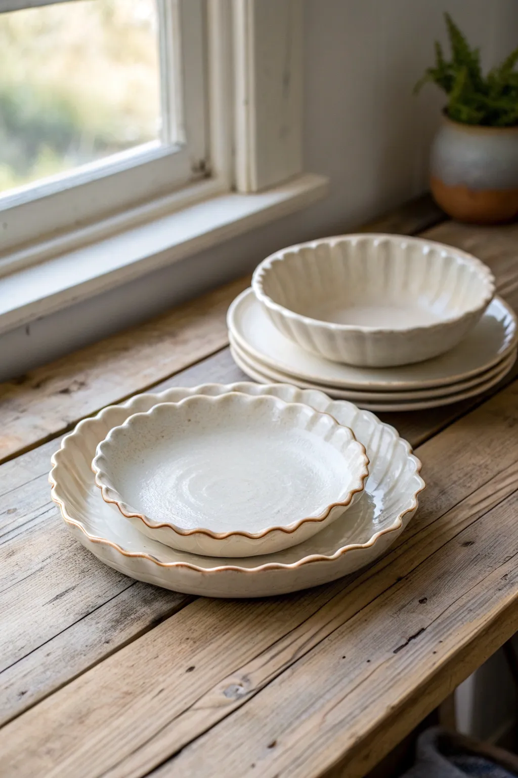 Satin-white ruffled-edge plates stacked simply for a handmade, extra-special table moment.