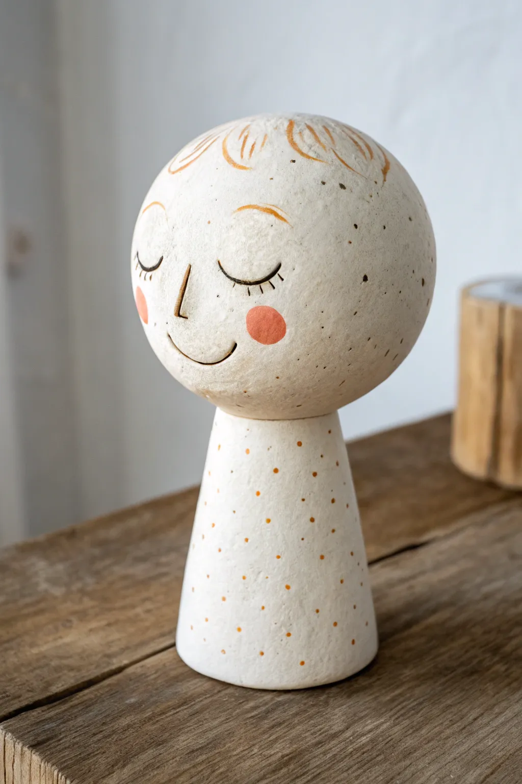 Cheerful bobblehead-style clay head with oversized cranium, simple paint, minimalist charm.