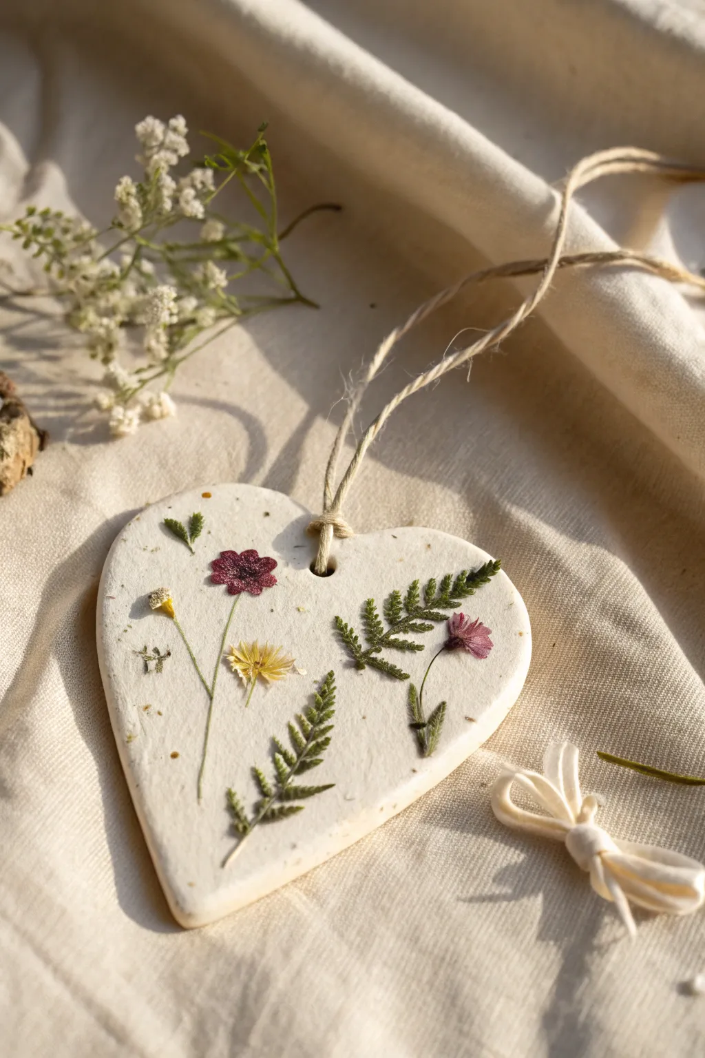 Pressed botanical clay heart with a soft satin finish, styled simply on a pale linen backdrop