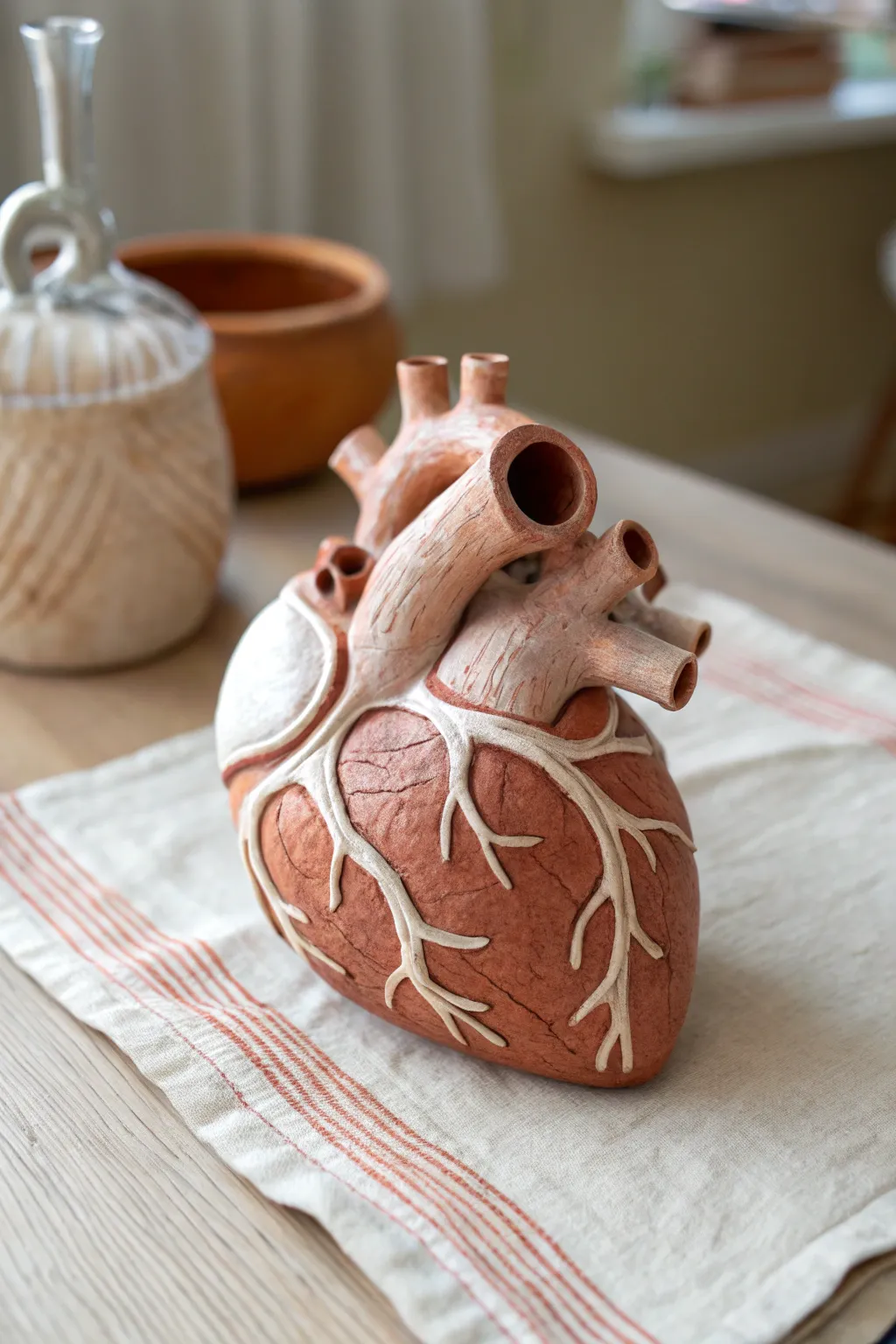 Handmade clay heart cutaway revealing four chambers, minimalist display with warm natural tones.