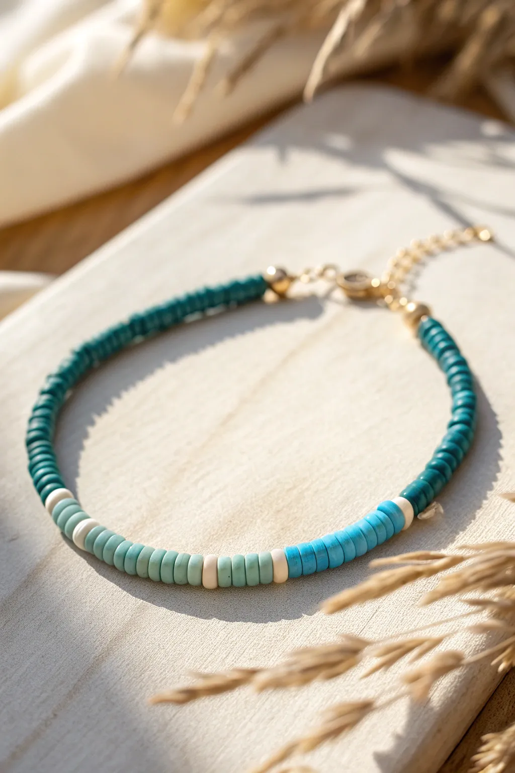 Deep teal to pale aqua ombre heishi bracelet, minimalist and softly boho for easy DIY inspo