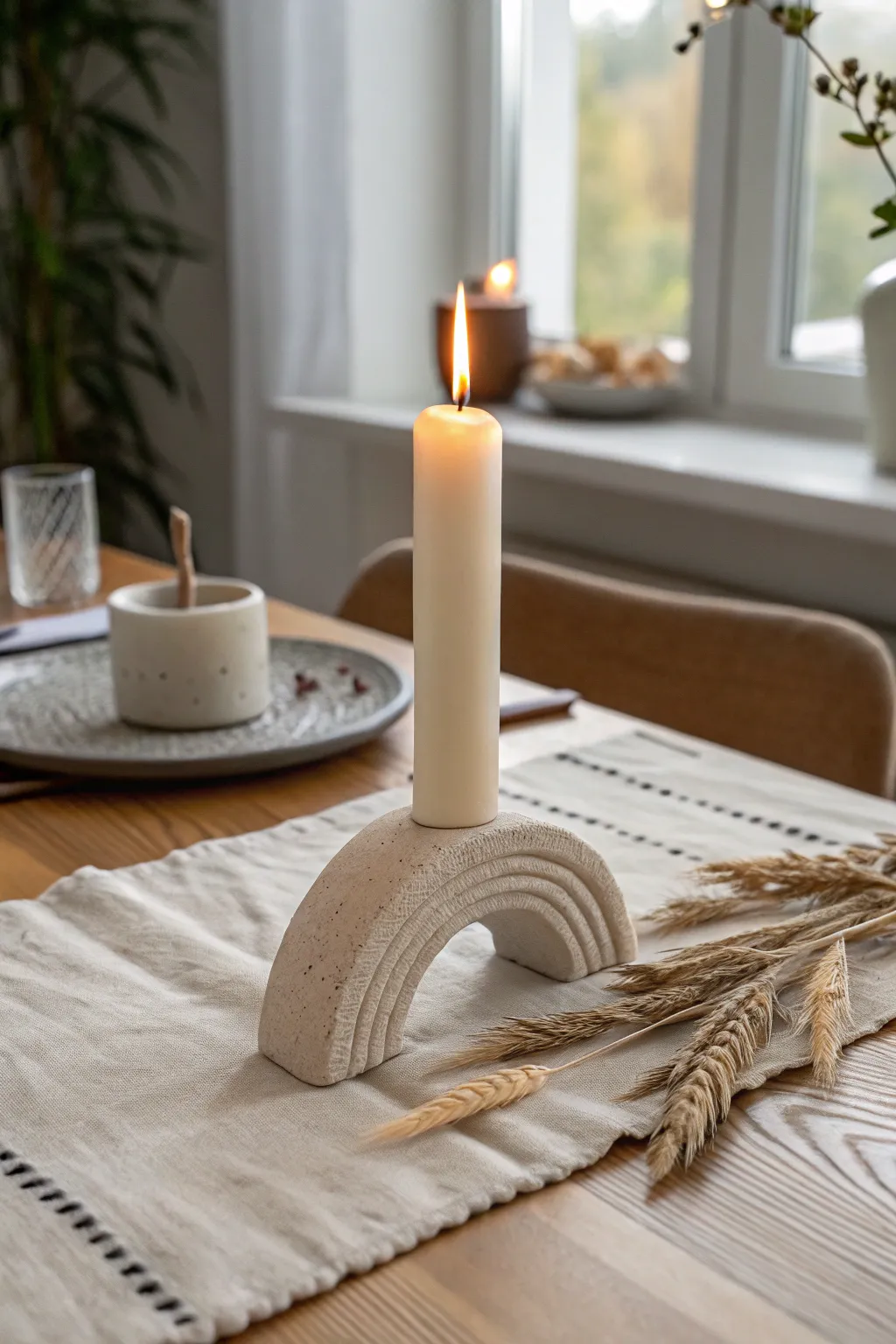 Cozy arch taper holder in matte air-dry clay brings minimalist boho warmth to the table.
