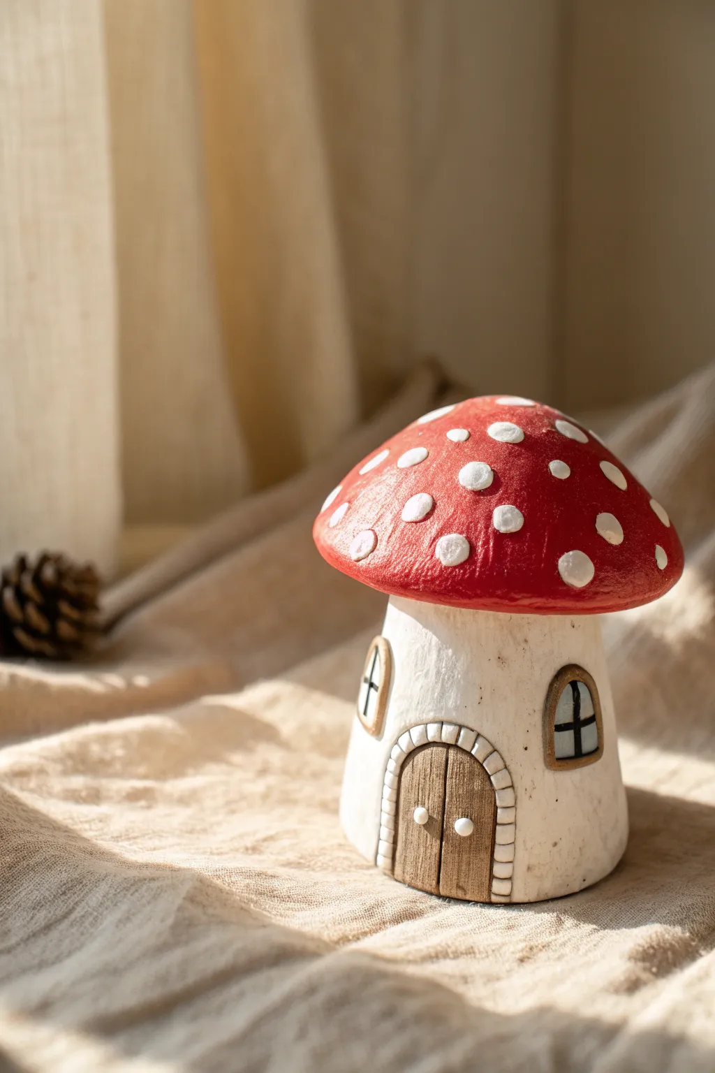 Whimsical mushroom clay house with a spotted cap roof, minimalist styling and cozy handmade charm.