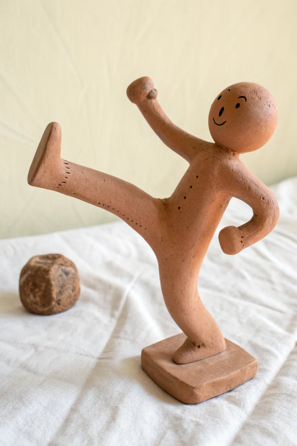 Playful clay kicking pose with discreet ankle support, minimalist Scandinavian boho styling