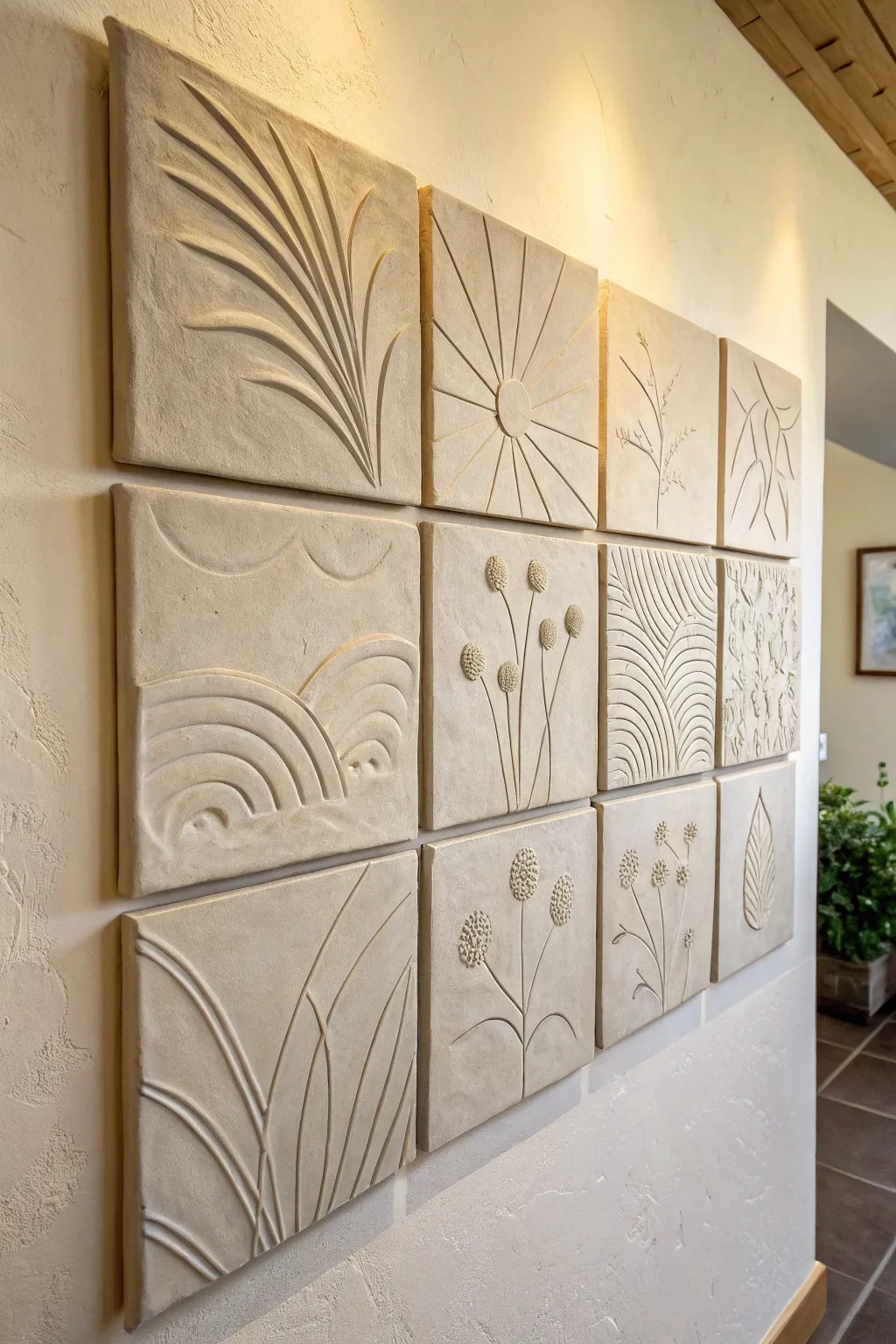 Minimalist 3x3 clay wall relief panel with soft raised patterns in a matte stone finish