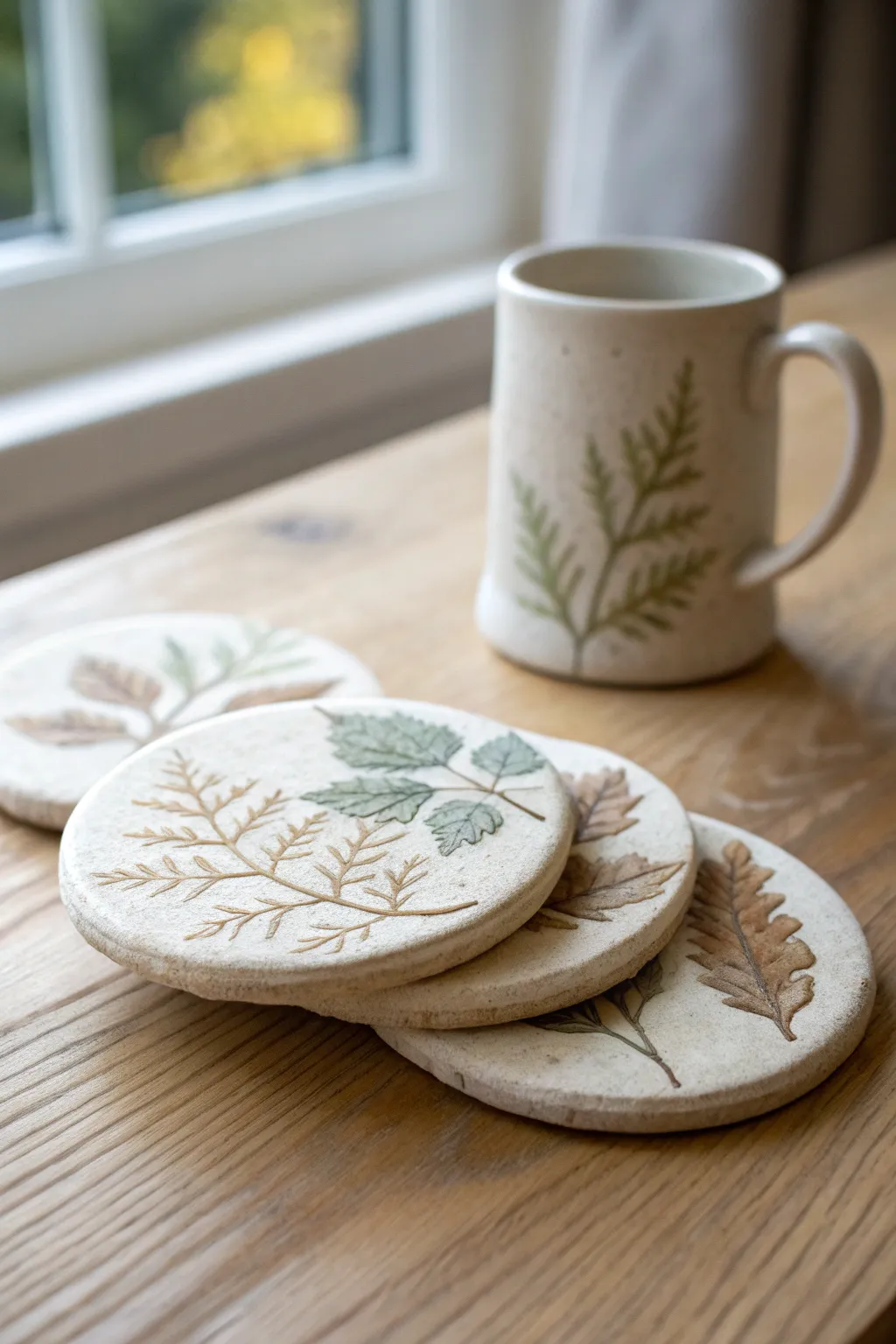 Delicate botanical clay coasters in soft neutrals, bringing cozy handmade charm to your table.