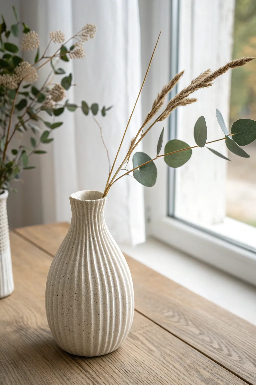 Sleek air-dry clay bud vase with subtle texture, styled simply with one stem in bright light.
