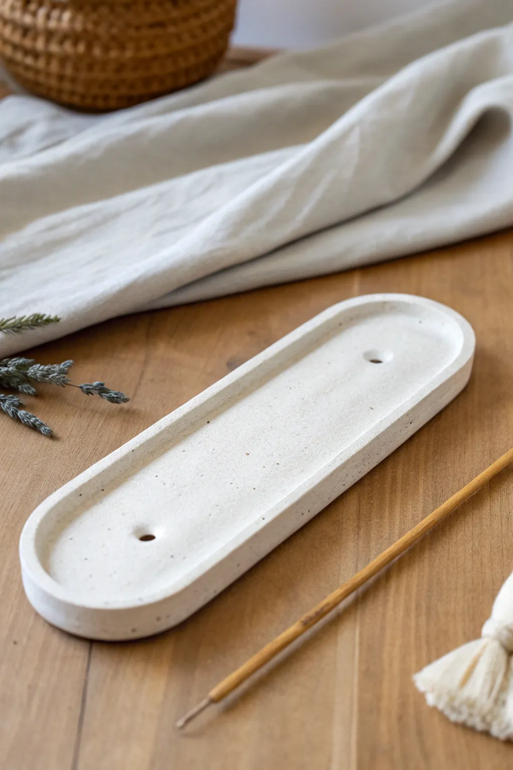 Simple beginner clay incense holder: one groove, one hole, calm neutral styling and clean contrast