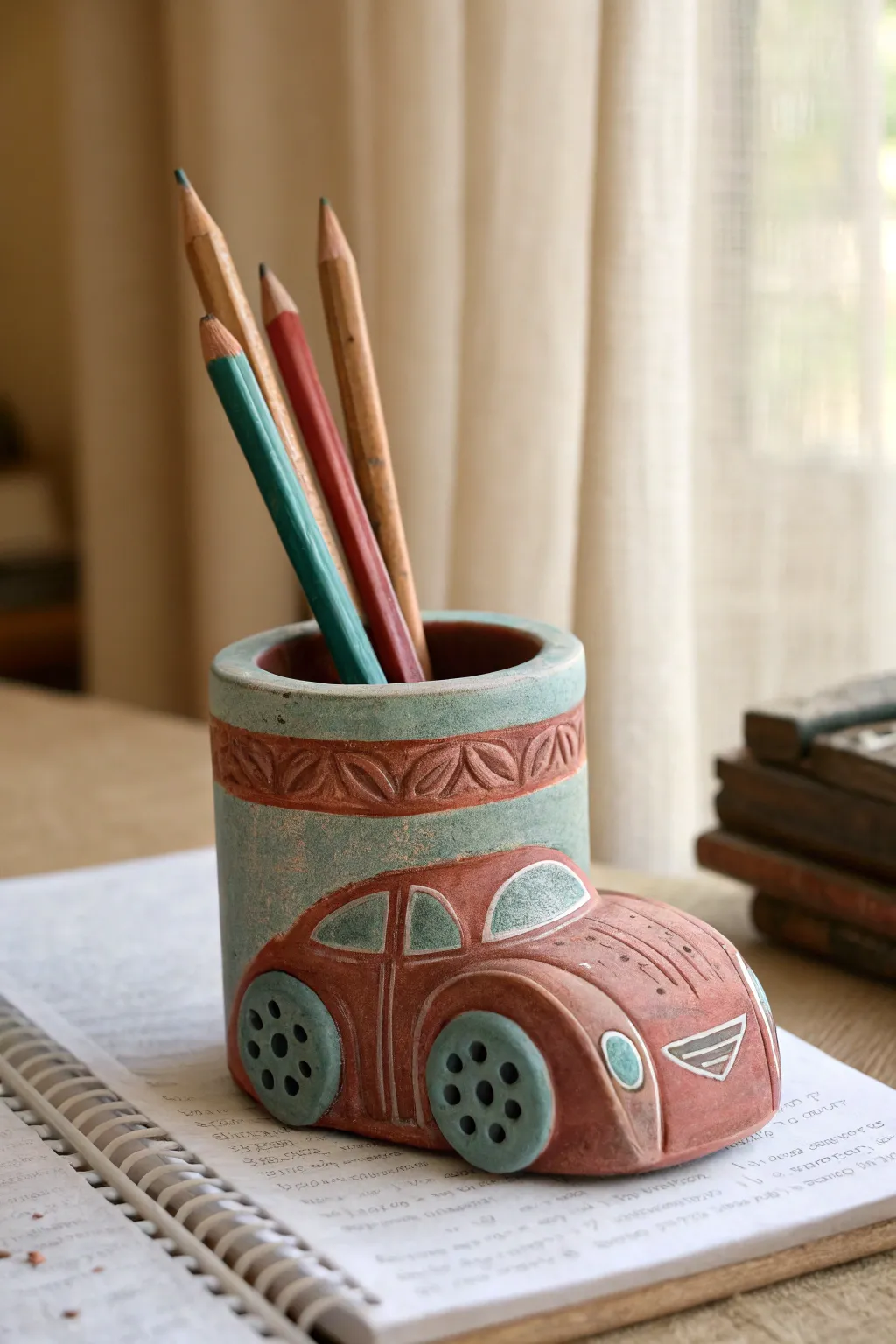 Chunky clay race car pencil holder with simple carved details, perfect for a boys desk.