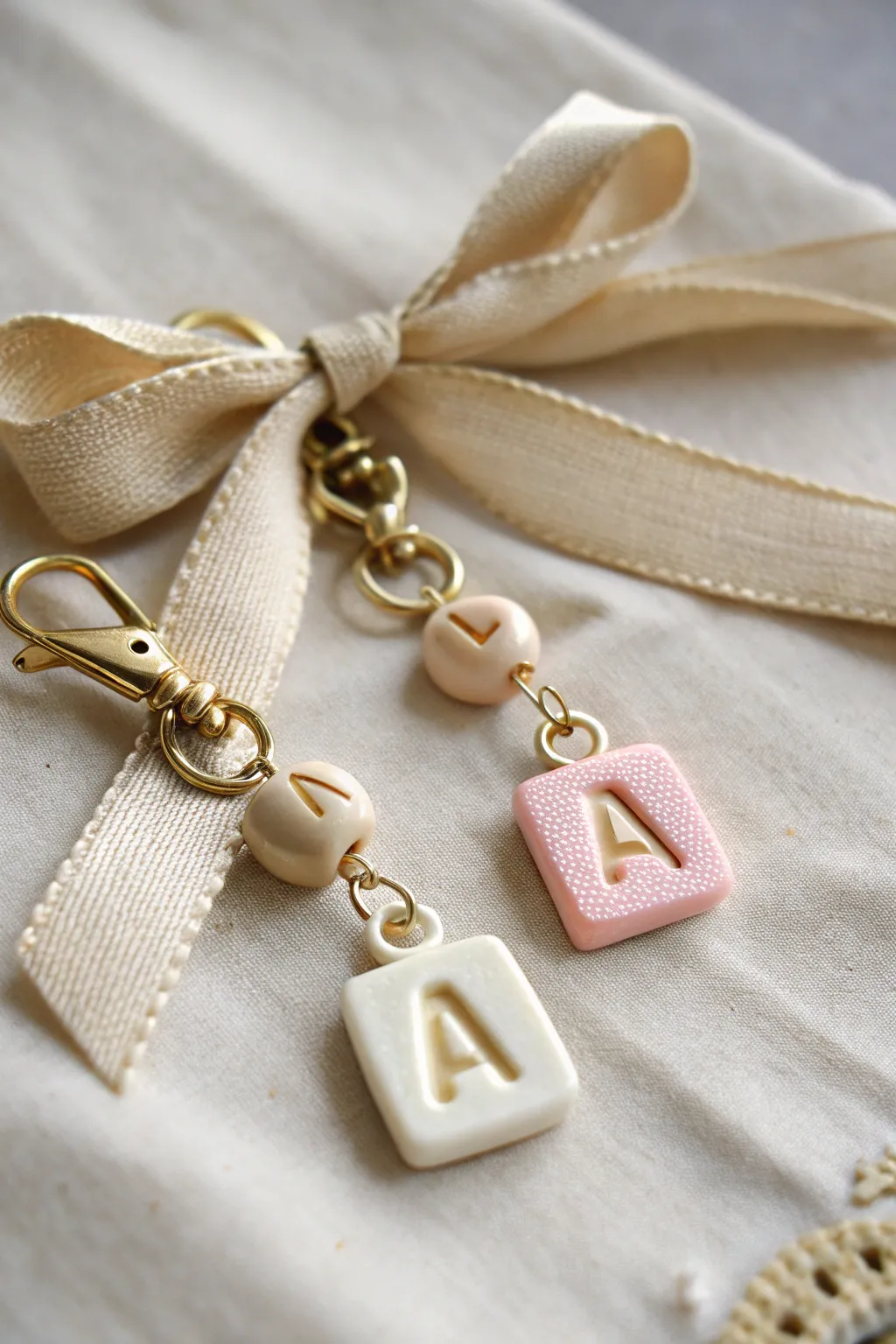 Matching initial clay zipper charms with a soft ribbon bow, a minimalist best-friend gift idea