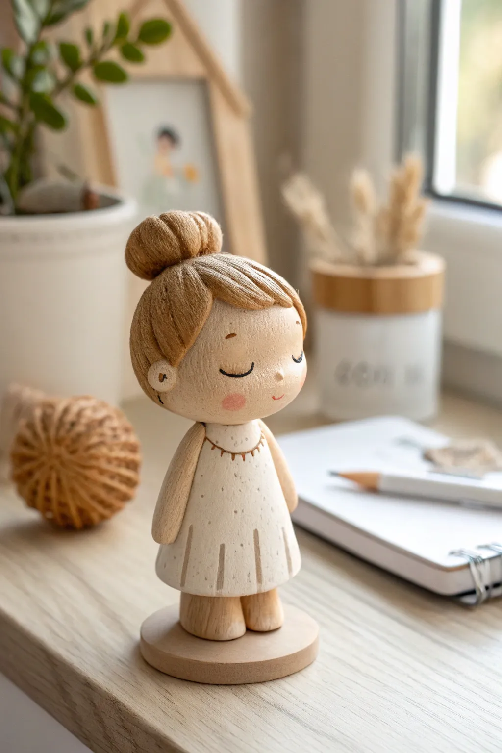A sweet mini-me clay girl doll with a cute bun, simple dress, and cozy minimalist charm.