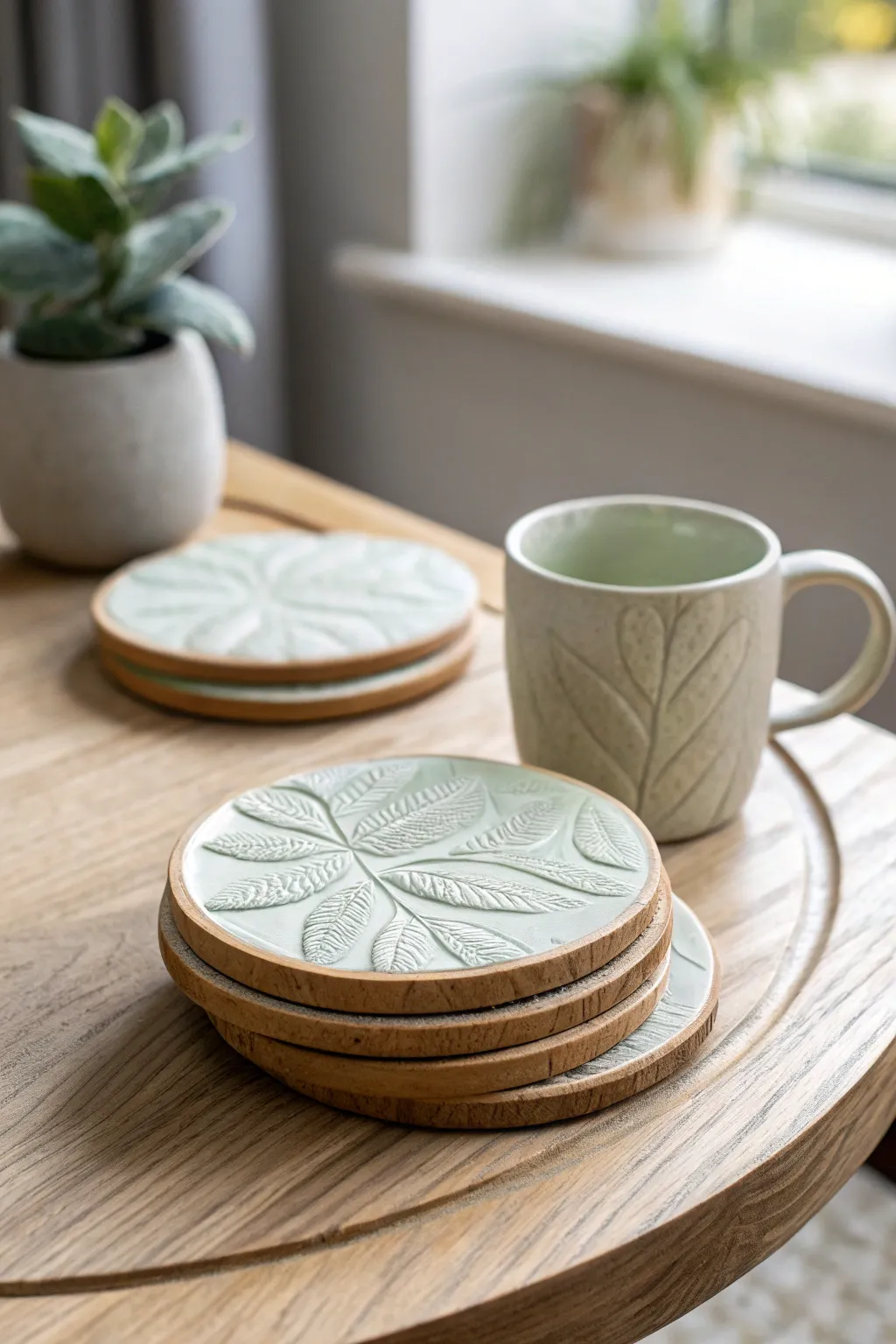 Leaf-imprinted clay coasters with a painted rim, a simple handmade gift mom will use daily.