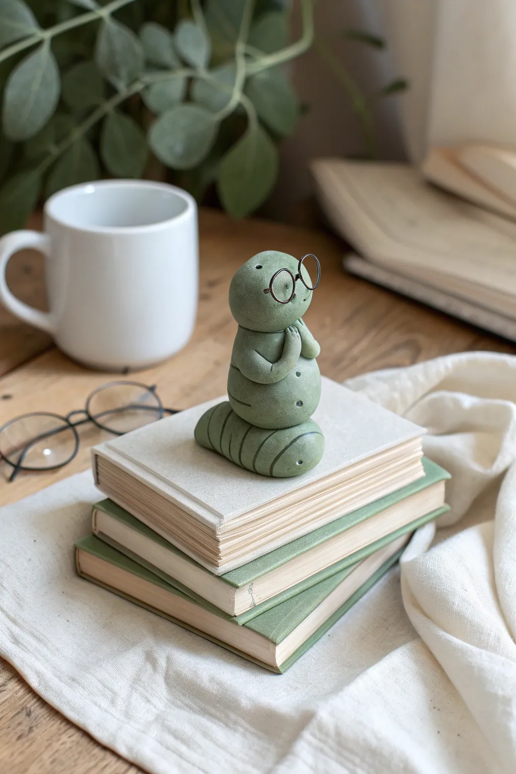 Cute clay bookworm desk buddy for teachers, perched on books beside a cozy mug, Scandinavian calm.