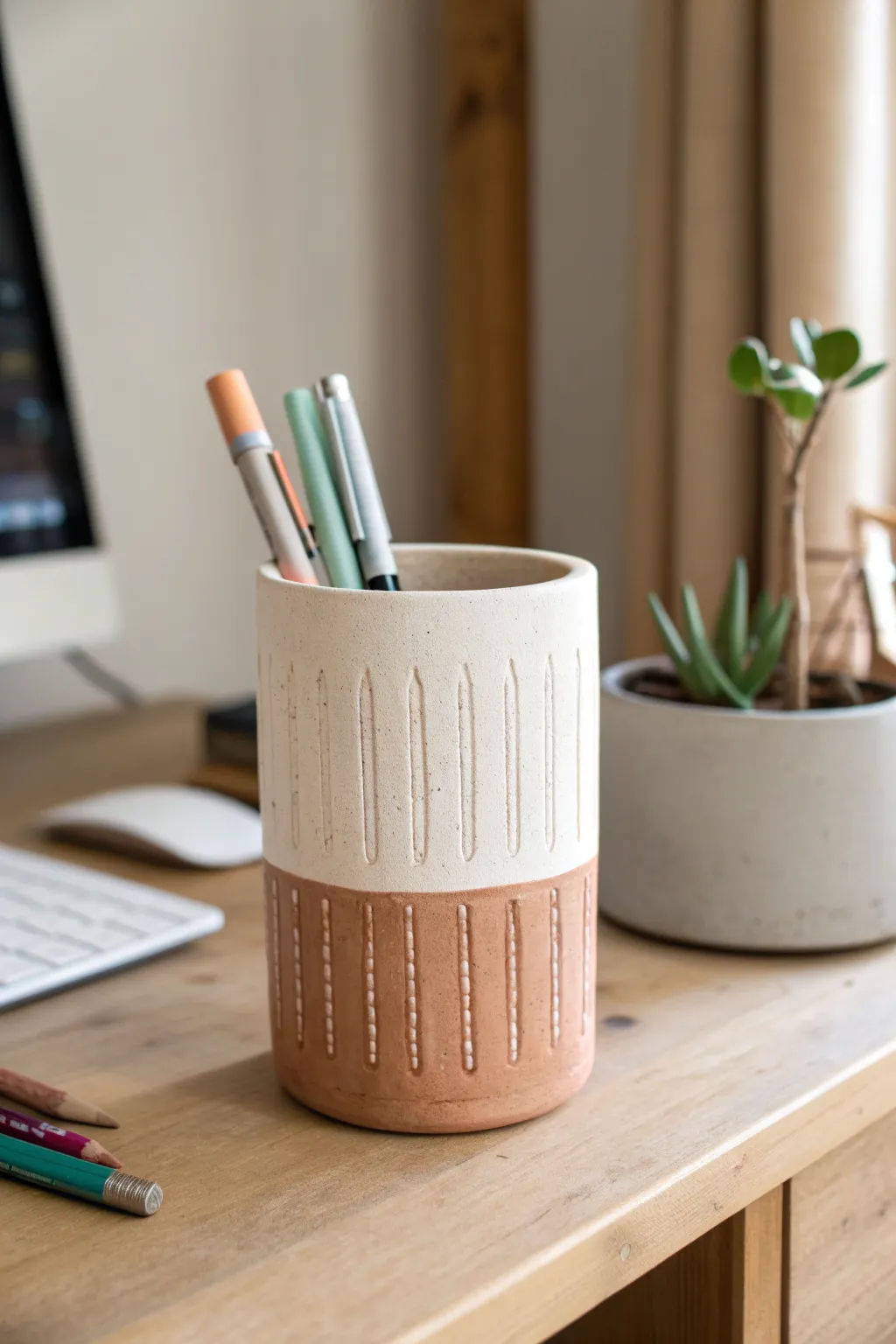 Two-tone clay pencil pot with subtle texture, adding calm Scandinavian style to a teen desk.