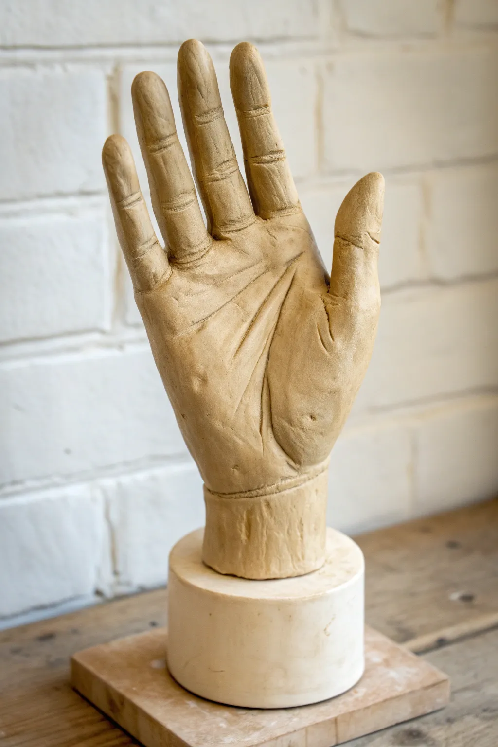 Elegant anatomical clay hand with gentle gesture, matte finish, and clean minimalist contrast.