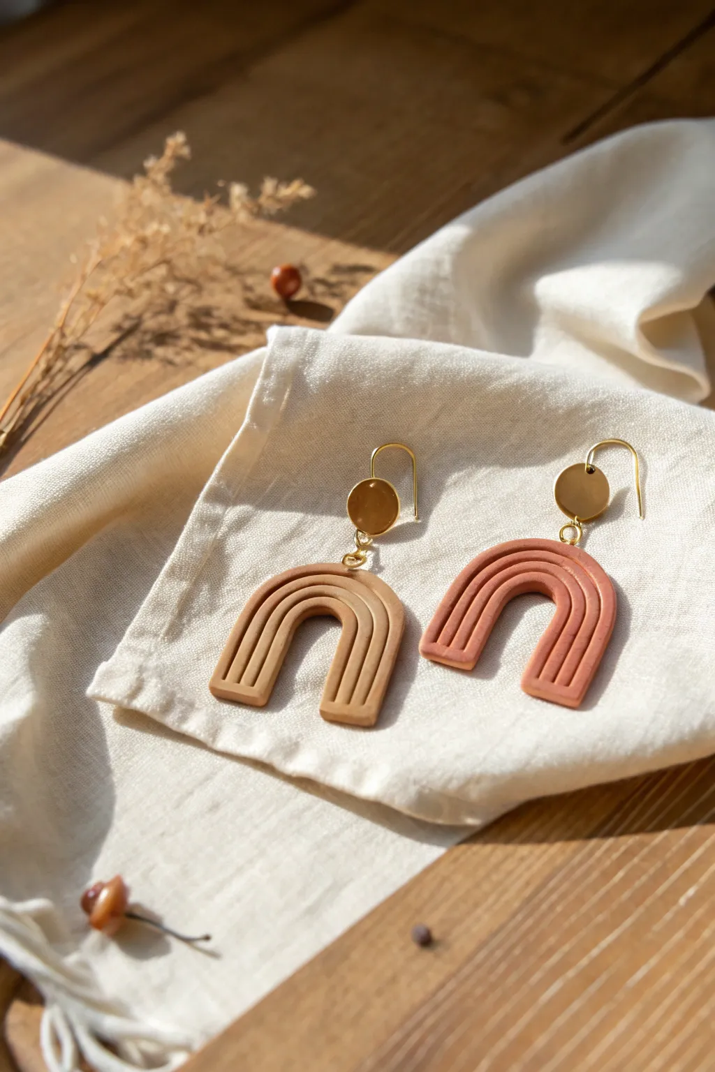 Minimal polymer clay arch earrings in warm neutrals, styled on linen for a calm modern look.