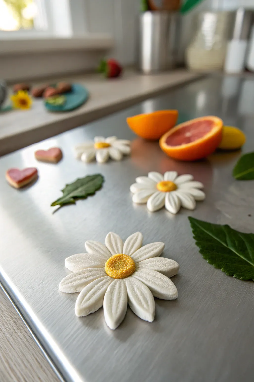 Colorful mini clay magnets on brushed metal, simple shapes that pop for easy craft sales.