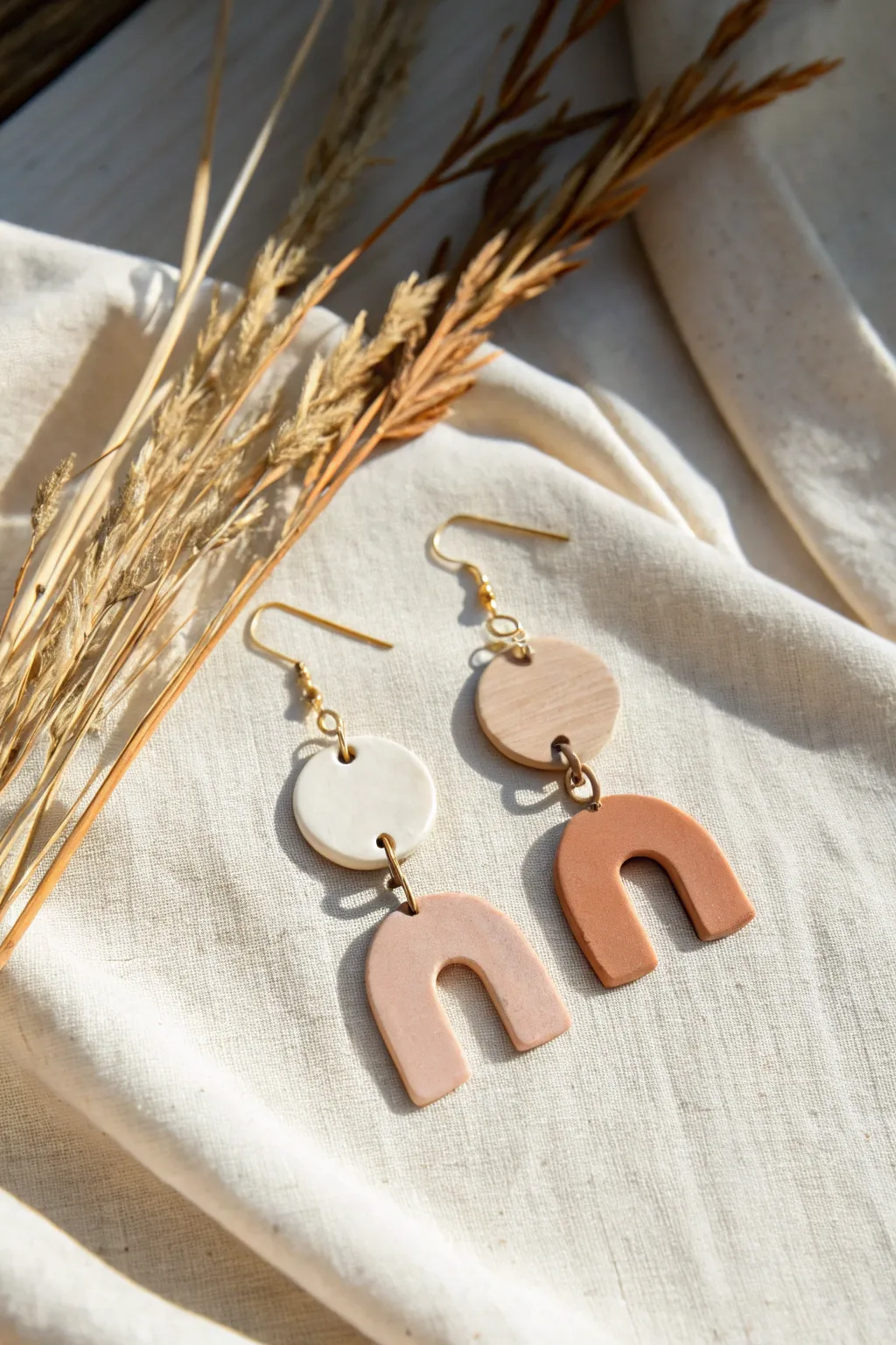 Minimal polymer clay earrings with simple arch, circle, and teardrop cutouts in soft tones