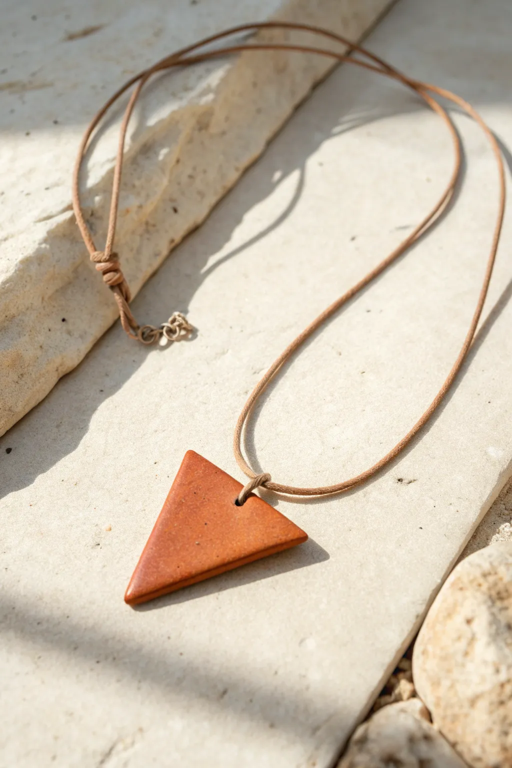 Minimal clay triangle pendant on a linen cord, matte and sandy, styled in soft Scandinavian calm.