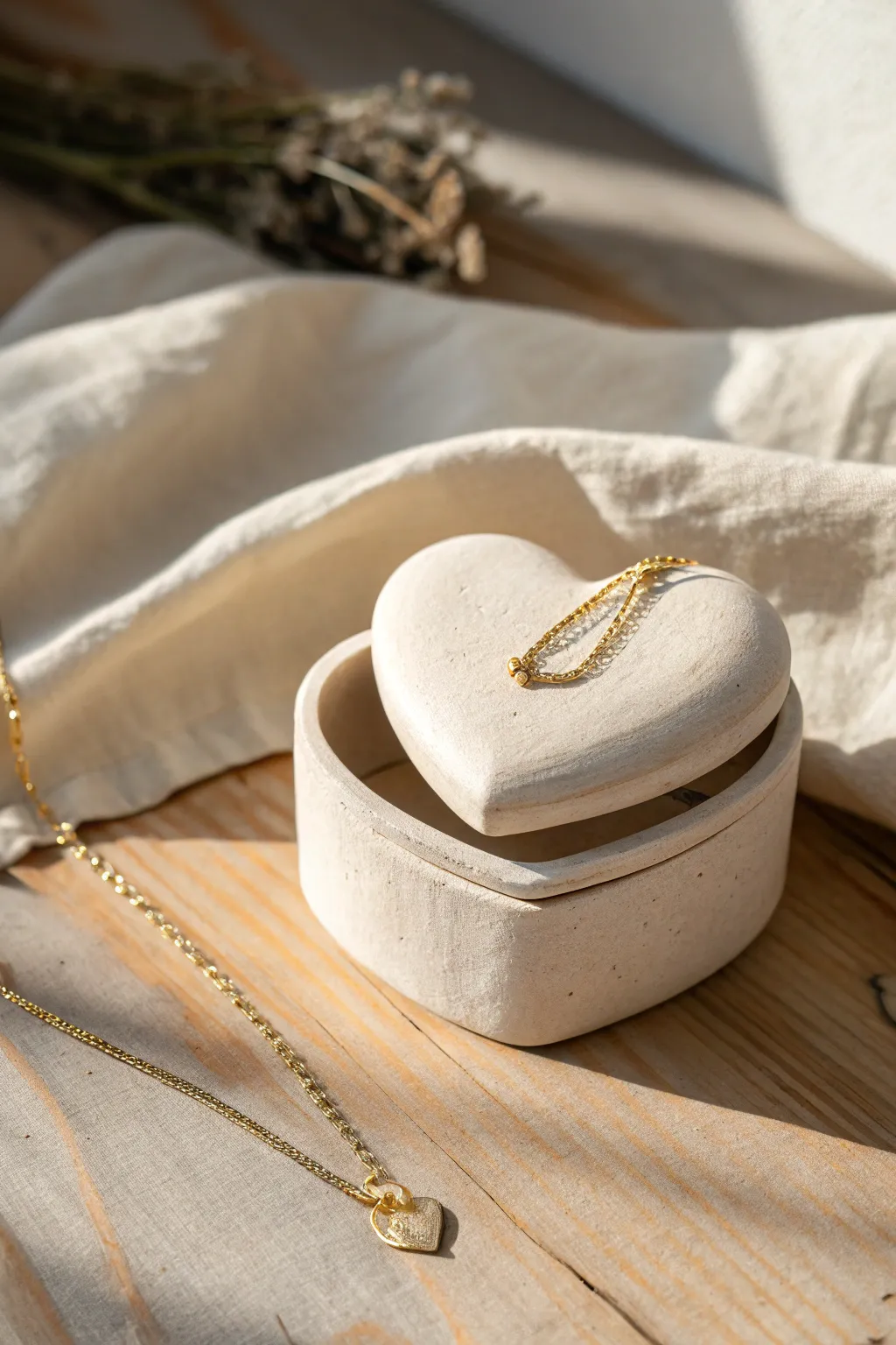Blush heart-shaped clay jewelry box with a peek of gold chain, simple and romantic.