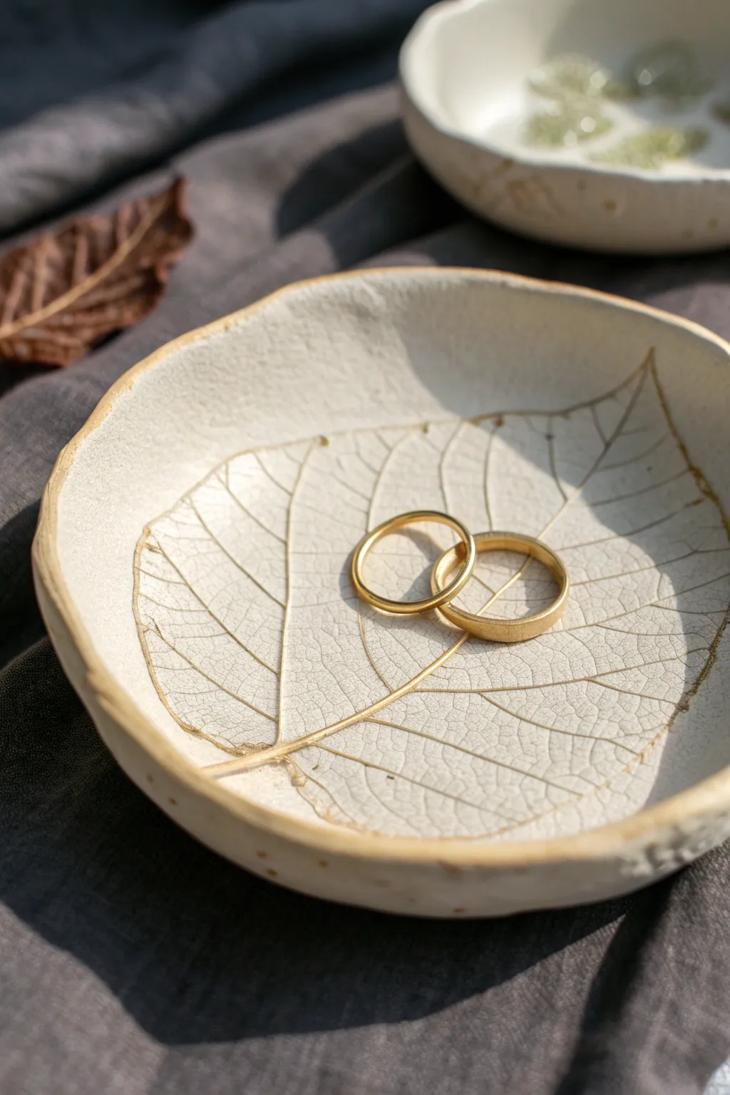 Soft matte leaf-imprint trinket dish with a ring nestled in the vein detail.