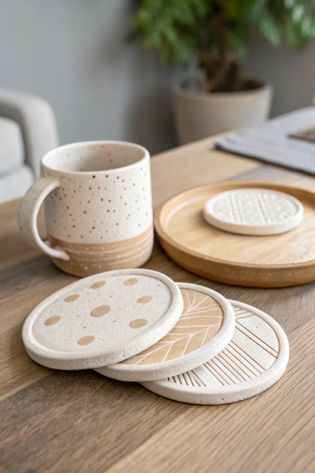 Minimal stamped clay coasters in soft neutrals, stacked for a cozy Scandinavian coffee moment