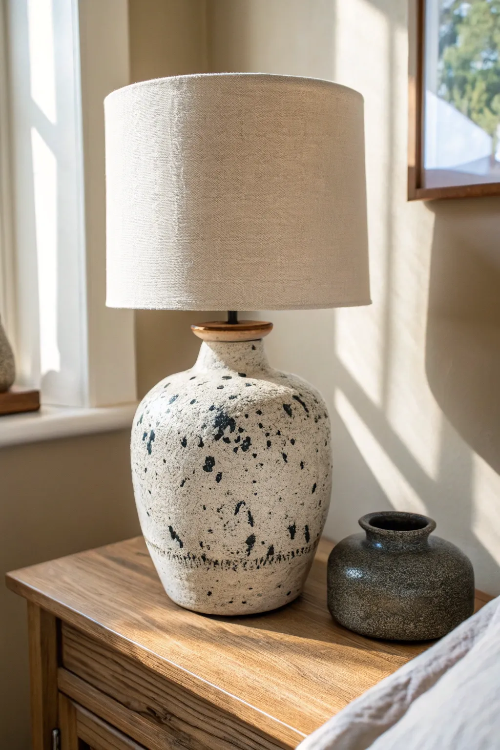 Speckled stoneware lamp with a simple cream shade for calm, cozy Scandinavian charm