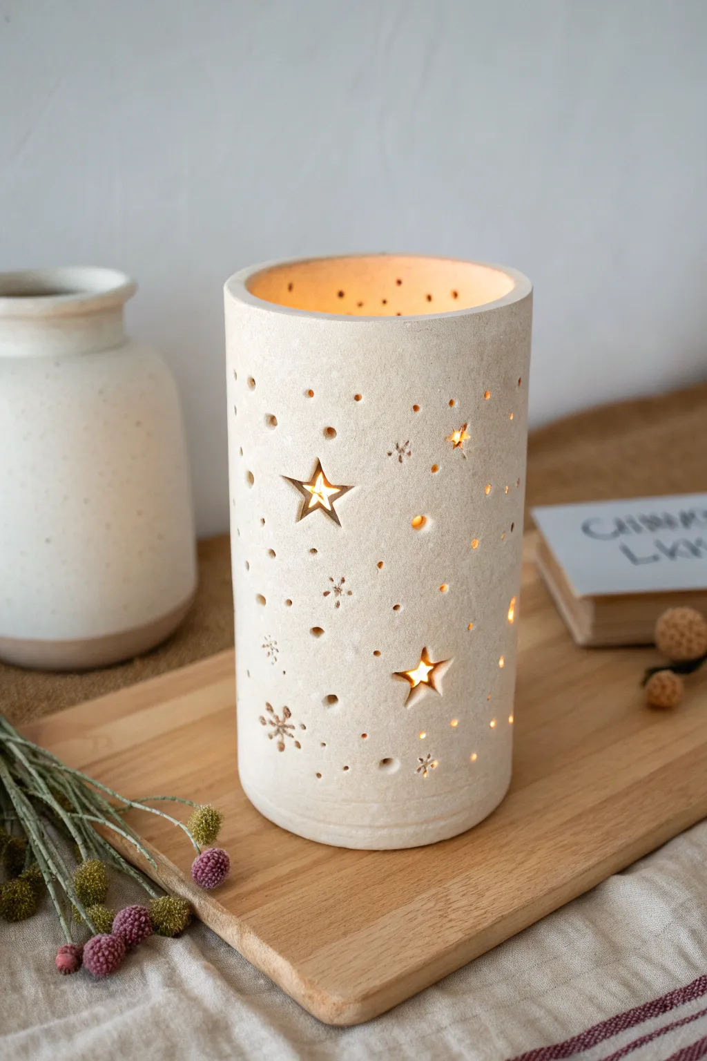 Pinprick clay lantern casting a gentle constellation glow, minimalist, cozy, and handcrafted