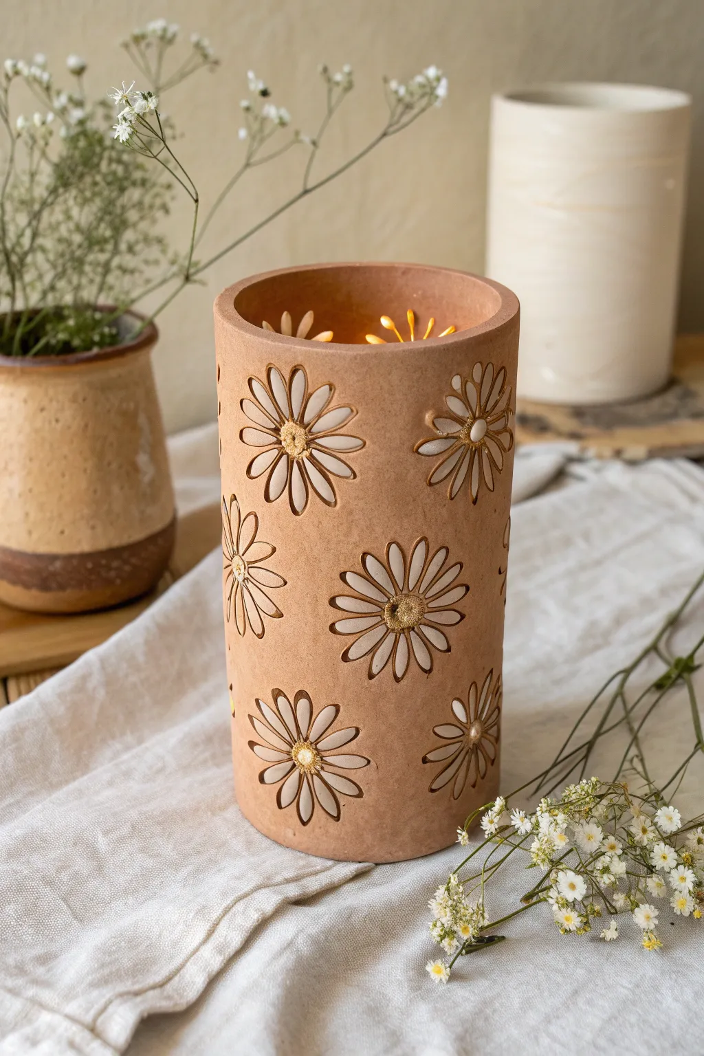 Floral cutout clay lantern glowing softly, casting lace-like shadows for cozy minimalist decor