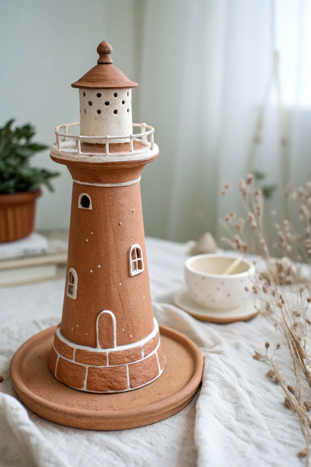 Simple clay pot lighthouse with saucer balcony detail, minimal paint and warm natural texture