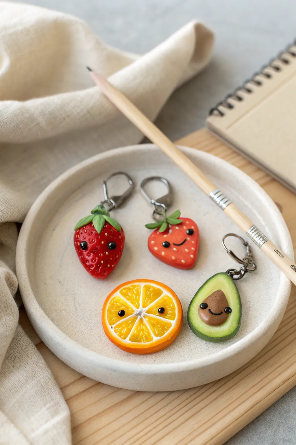 Easy mini clay fruit charms with dot eyes, bright colors, and simple loops for jewelry