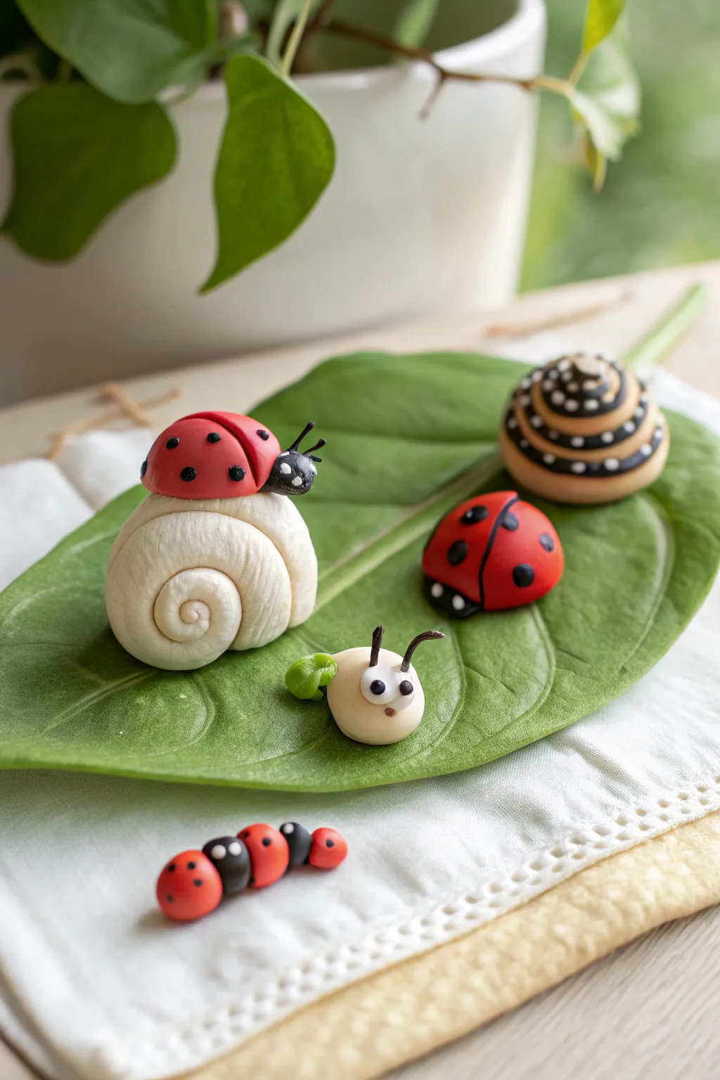 Cute clay bug buddies for kids: ladybug, snail, and caterpillar on a leafy green base.