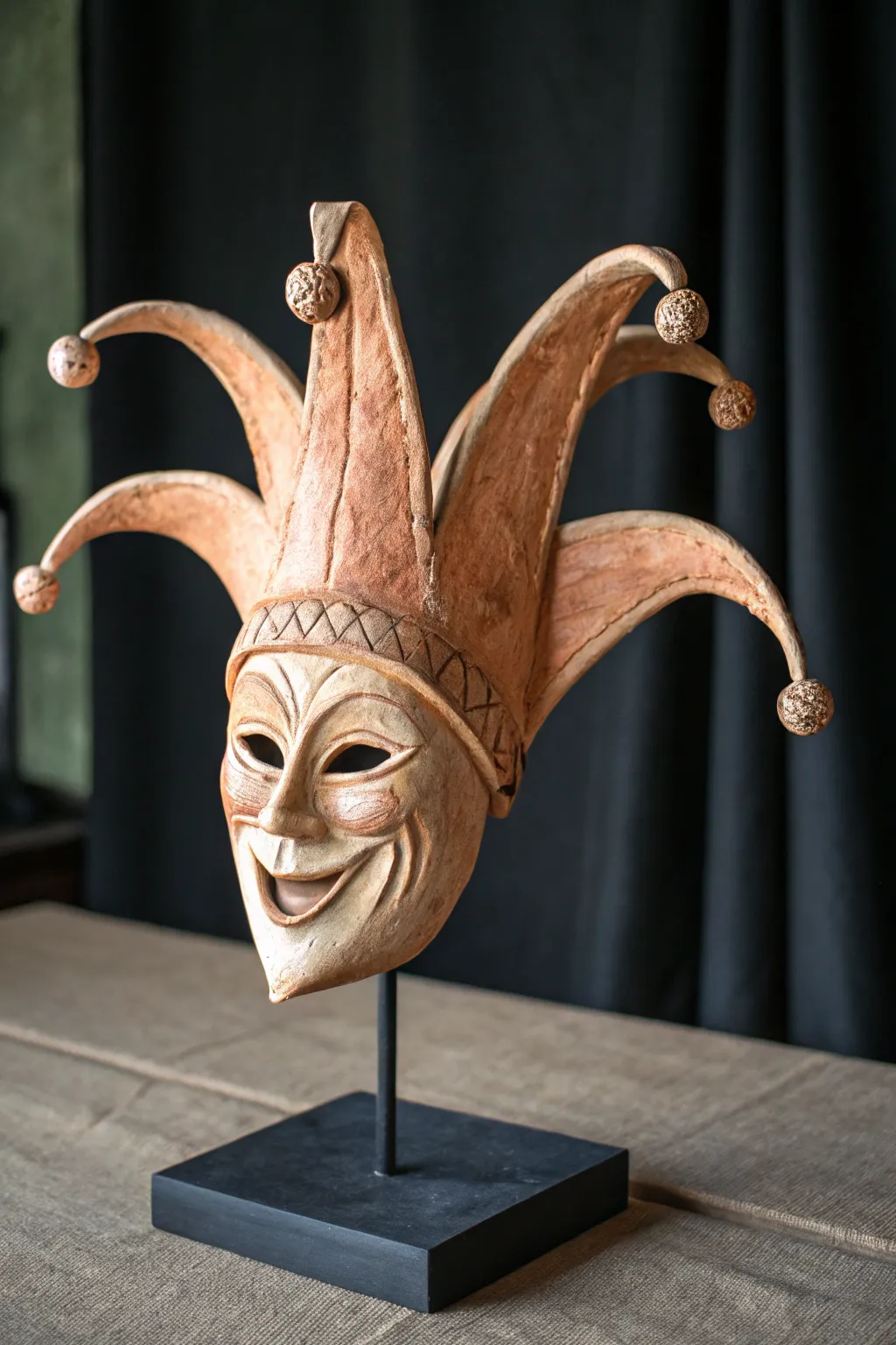 Playful jester clay mask with sculpted bell bumps and a mischievous grin in moody light.