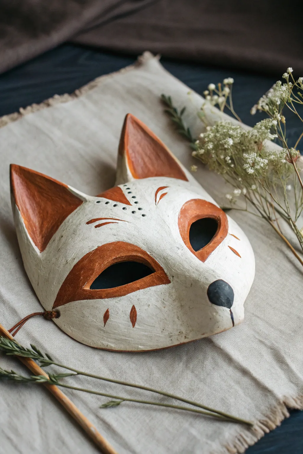 Whimsical fox clay face mask with simple ears and stripes, minimalist boho classroom project.