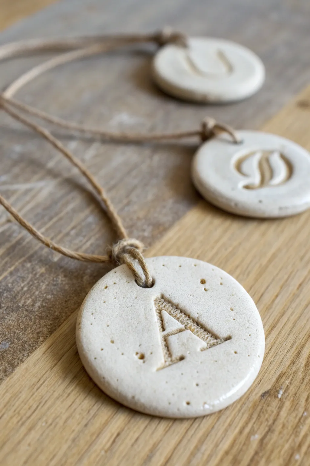 Minimal clay initial medallion charms with a soft antiqued imprint, styled like a simple gift set.