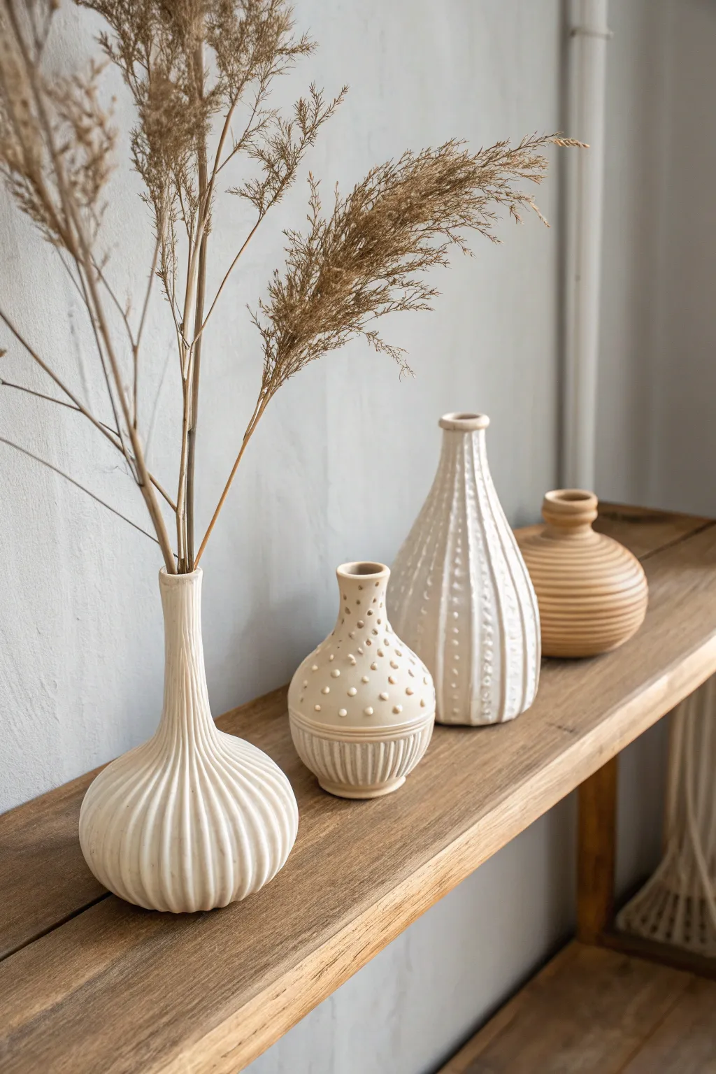Three easy-texture bud vases with single dried stems for a calm, minimalist shelf moment.