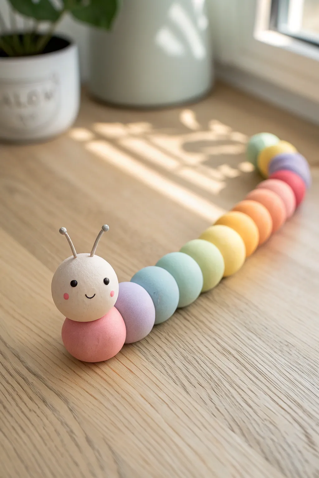 Rainbow clay caterpillar with countable segments, a sweet kindergarten-friendly modeling idea