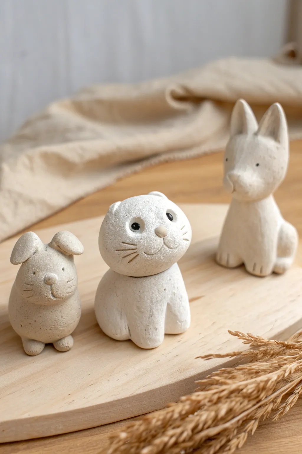 Sweet easy clay pets from basic shapes, a cute cat with simple dog and bunny companions.