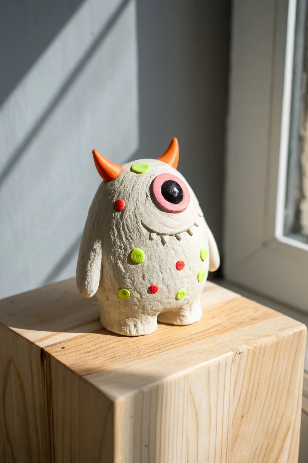 Silly one-eyed clay monster in neon hues, a kid-friendly project with minimalist Nordic vibes.
