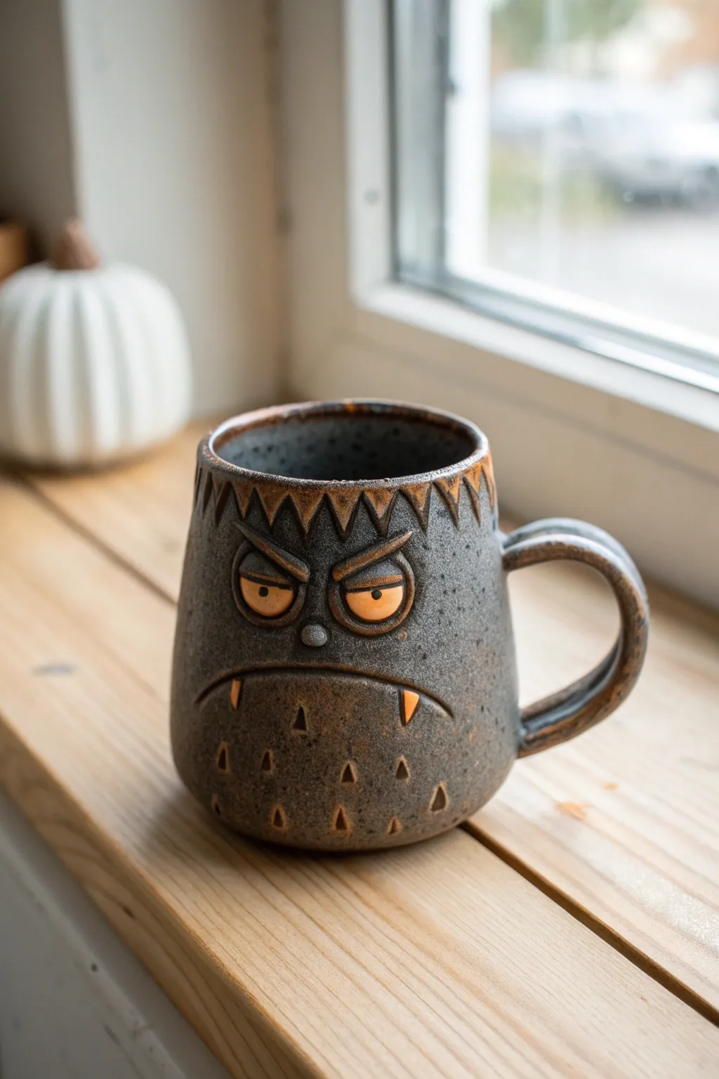 Grumpy monster mug with heavy brow and squinty eyes, matte moody glaze in minimalist style.