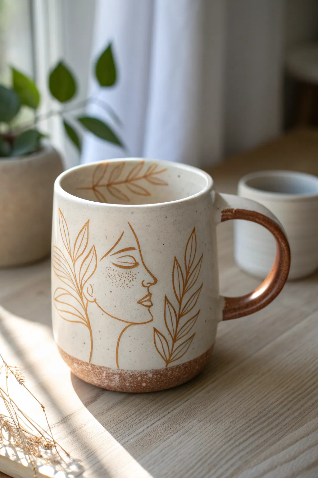 Matte sgraffito line art mug with soft, minimal strokes that let the natural clay glow through.